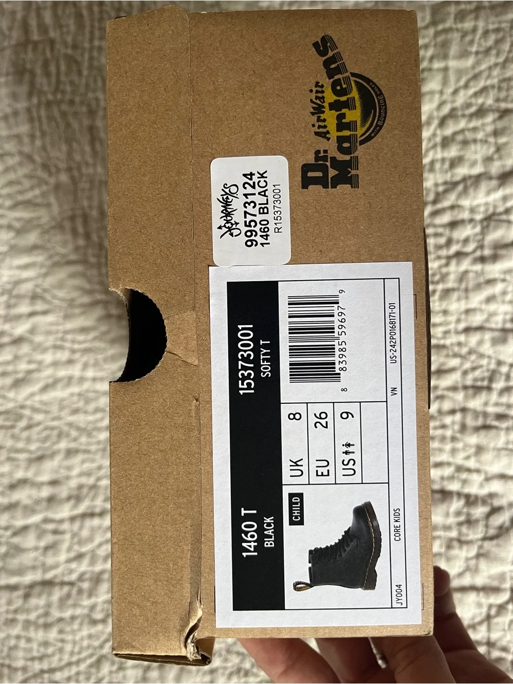 Kids Dr. Martens Black Leather Lace-Up Combat Boots with Yellow Stitching